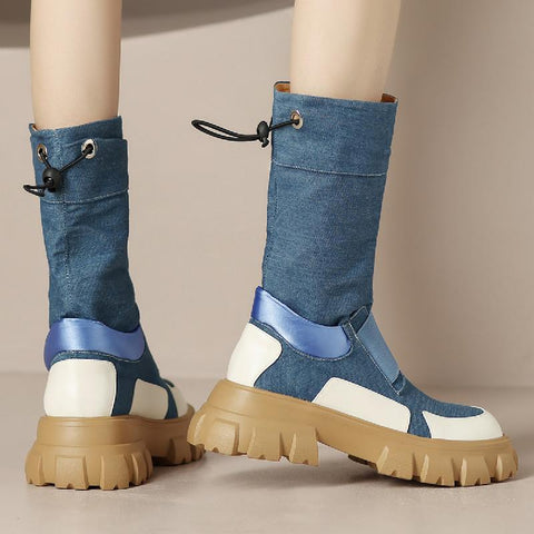 Martin Boots Leather Denim Casual Short Boots Round-BS01048-Veeddydropshipping