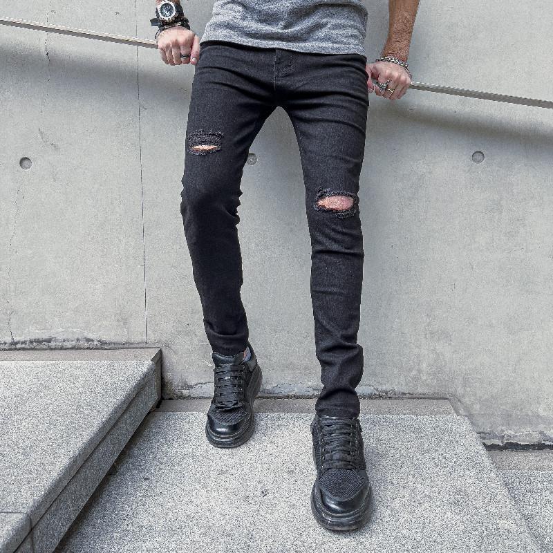 Ripped Slim Pencil Jeans Pants Male Fashion Solid Hip-MF00576-Veeddydropshipping