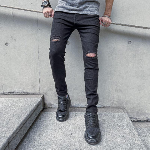 Ripped Slim Pencil Jeans Pants Male Fashion Solid Hip-MF00576-Veeddydropshipping