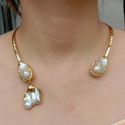 Natural White Freshwater Pearl Yellow Gold color Plated Choker Necklace  -JW00144-Veeddydropshipping