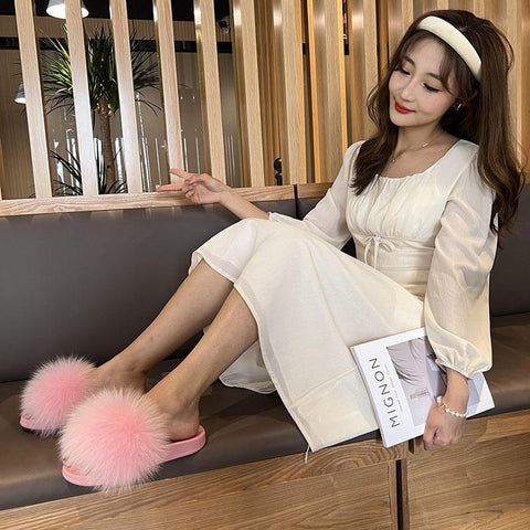 Summer Open Toe Fluffy Real Fur Color Sandals Casual-BS01204-Veeddydropshipping
