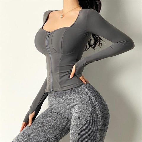 Women Inner Pad Yoga Shirt  Long Sleeve  Bodybuilding Yoga Top Sportswear -OS00797-Veeddydropshipping