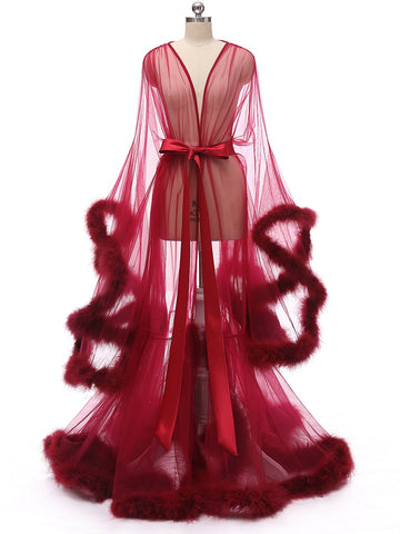 Long Sleeve Feather Tulle Party Evening Dresses-WF01595-Veeddydropshipping