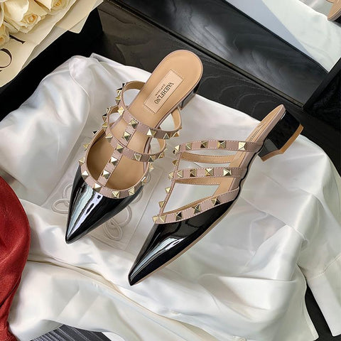 Pointed Thick heel Slippers Rivets Sexy Woman Pointed Toe Dress-BS00810-Veeddydropshipping