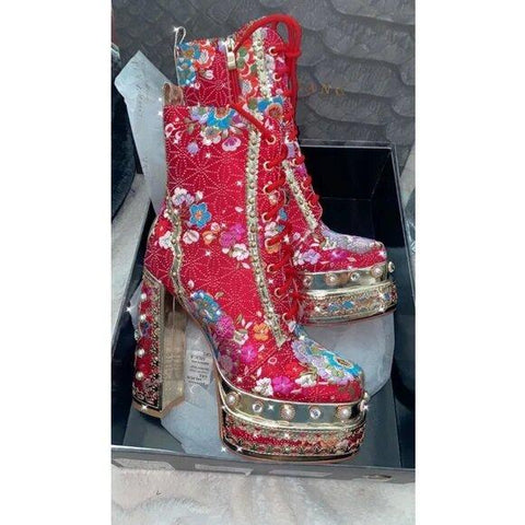 Lace Up Embroidered Party Shoes Luxury Pump-BS01030-Veeddydropshipping