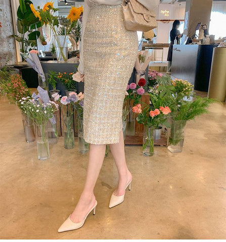 Tweed Skirt Office Lady Mid-length High Waist Skirt-WF00357-Veeddydropshipping