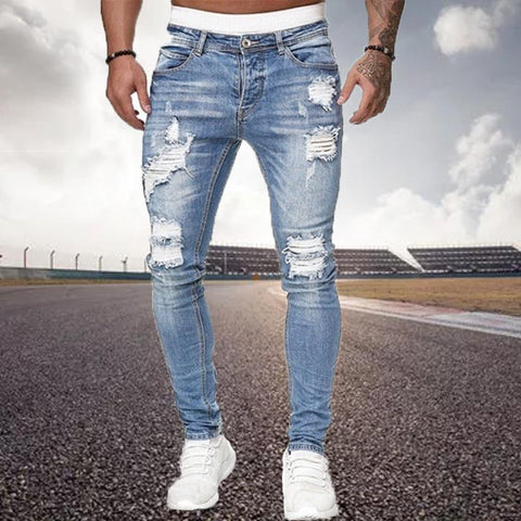 Jeans Blue Slim Fit Hole Pencil Pants Biker Casual Trousers-MF00446-Veeddydropshipping