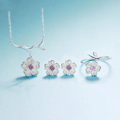 925 Sterling Silver Jewelry Sets Romantic Cherry Blossoms Flower -JW00341-Veeddydropshipping