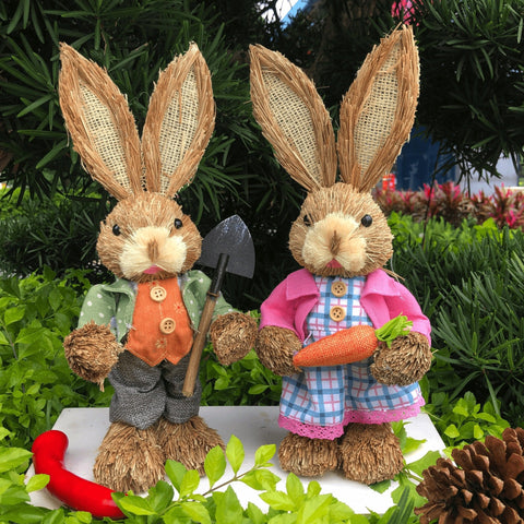 Straw Standing Rabbits Hand Woven Pastoral-HA00310-Veeddydropshipping