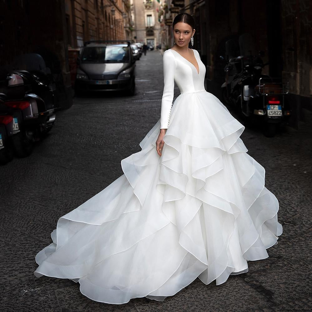V-Neck Ball Gown Long Sleeves Wedding Dress-WF01565-Veeddydropshipping