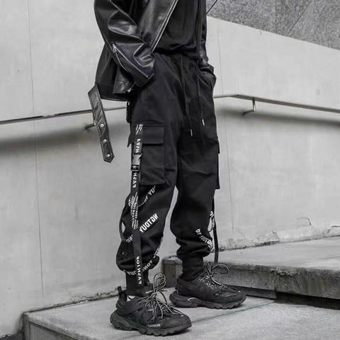 Joggers Men Letter Ribbons Cargo Pants Pockets Track-MF00367-Veeddydropshipping