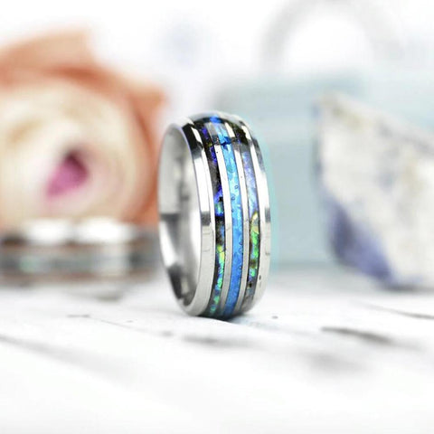 Stainless Steel Rings Shell Blue Opal Rings Men Wedding Jewelry -JW00272-Veeddydropshipping