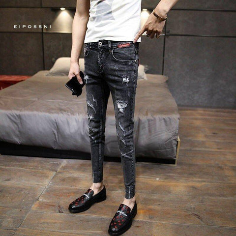 Luxury Denim Stretch Skinny Pants Ripped Slim Black-MF00657-Veeddydropshipping