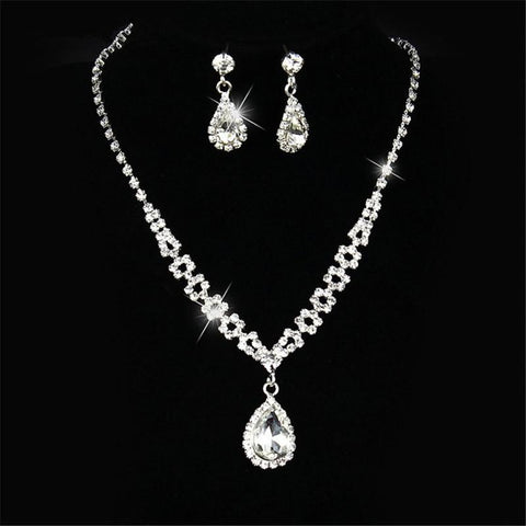 Water Drop Full Crystal Silver Plated  Bridal Wedding Jewelry Set -JW00352-Veeddydropshipping