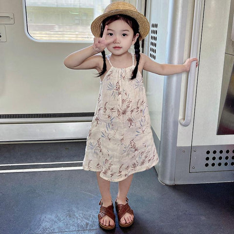 Summer Kids Girls Linen Flower Print Dress-Veeddydropshipping