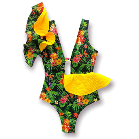 2022 New Print Swimwear Deep V-neck Ruffle Swimsuit Push Up One Piece Swimsuit-OS00066-Veeddydropshipping