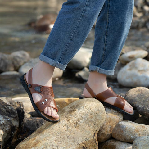 Leather Soled Men&#39;s Sandals Beach Holiday Slippers-BS01555-Veeddydropshipping