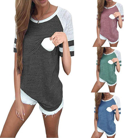 Maternity Breastfeeding Tee Nursing Tops Striped Colorblock Short Sleeve-TB00568-Veeddydropshipping