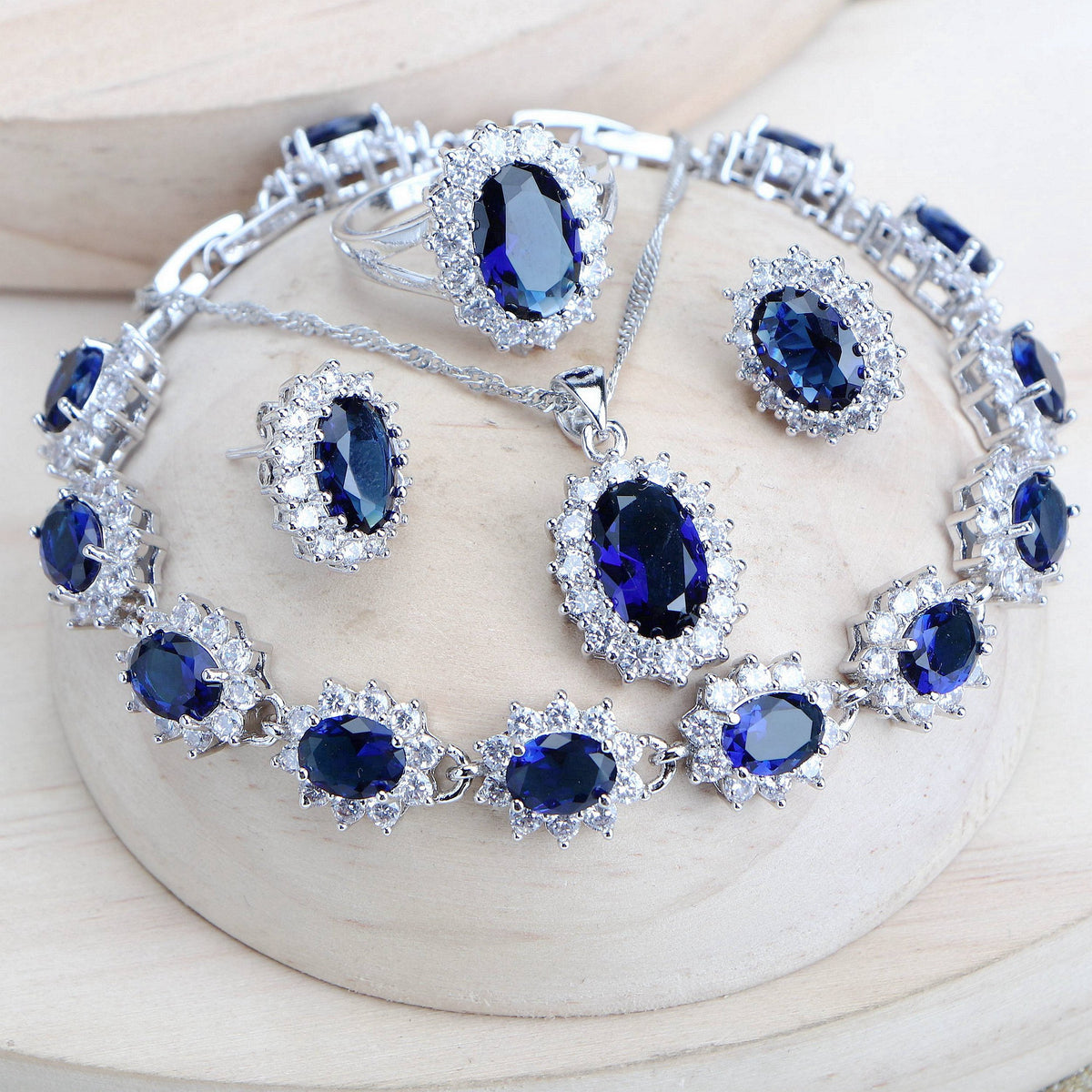 Silver 925 Blue Zirconia   Necklace Earrings Rings Bracelets Pendant Set -JW00194-Veeddydropshipping