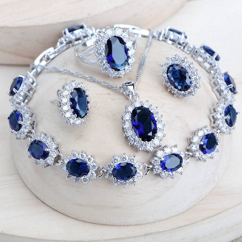 Silver 925 Blue Zirconia   Necklace Earrings Rings Bracelets Pendant Set -JW00194-Veeddydropshipping