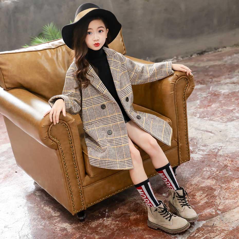 Winter Coat Girls Thick Woolen Jacket Plaid Kids Outerwear-Veeddydropshipping