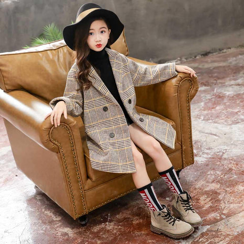 Winter Coat Girls Thick Woolen Jacket Plaid Kids Outerwear-Veeddydropshipping