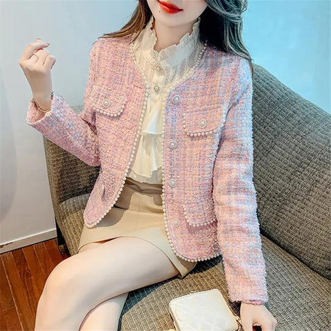 Pearls Vintage Cropped Tweed Jacket Women Korean Fashion-Veeddydropshipping