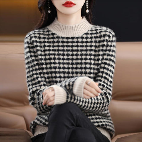 Knitwears Sweater Women Cashmere Pullovers Wool Plaid Knit-WF00068-Veeddydropshipping