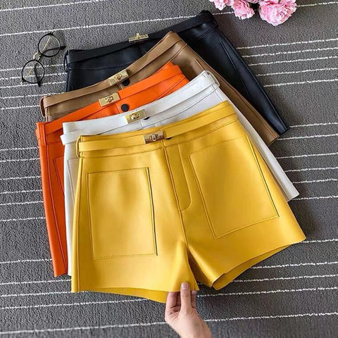Real Sheepskin Leather Shorts Women Casual Shorts-WF00481-Veeddydropshipping