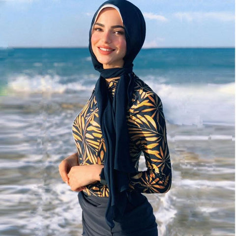 Muslim Swimwear Women Modest Patchwork Hijab Long Sleeves Sport Swimsuit-OS00268-Veeddydropshipping