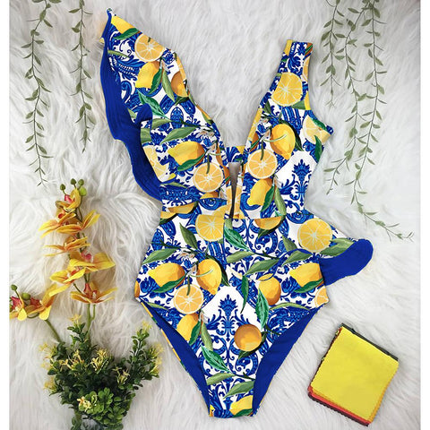 2022 New Print Swimwear Deep V-neck Ruffle Swimsuit Push Up One Piece Swimsuit-OS00066-Veeddydropshipping