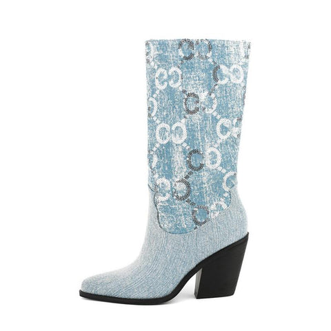 Knee Length Women&#39;s Boots Fashion Sequins Denim-BS00971-Veeddydropshipping