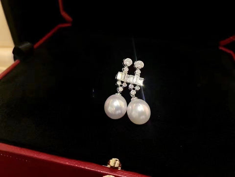 925 Sterling Silver Round  White Pearls Drop Dangle Earrings-JW00095-Veeddydropshipping