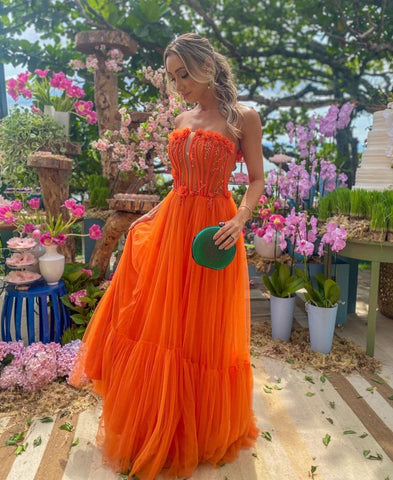 Tulle Long Prom Dresses Strapless Beaded Gowns-WF01625-Veeddydropshipping