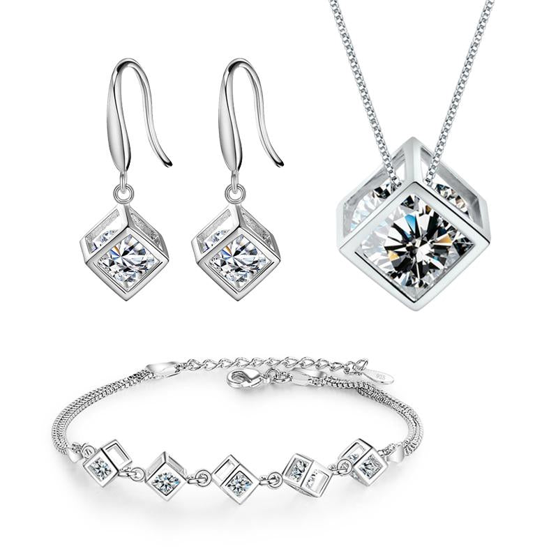 925 Silver Needle Drop Earrings Square Crystal Pendant Necklace -JW01334-Veeddydropshipping