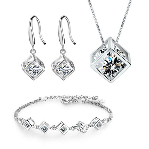 925 Silver Needle Drop Earrings Square Crystal Pendant Necklace -JW01334-Veeddydropshipping