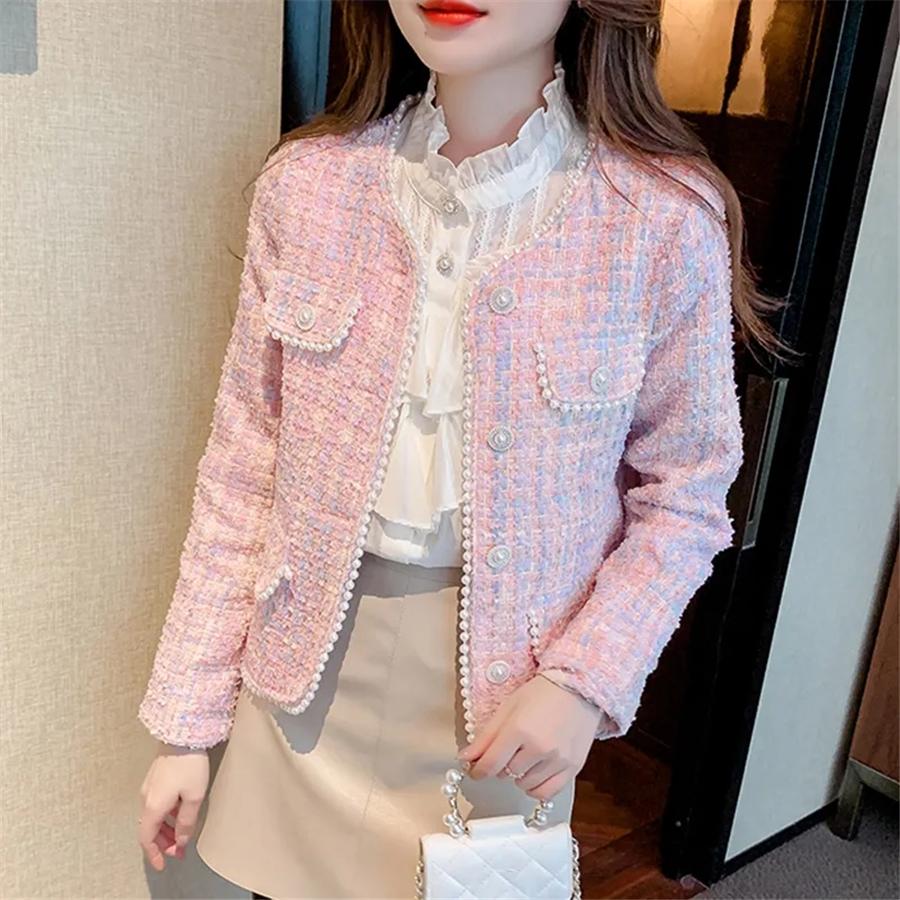 Pearls Vintage Cropped Tweed Jacket Women Korean Fashion-Veeddydropshipping