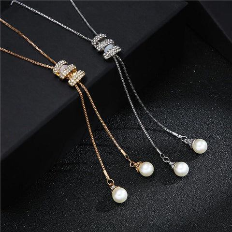Fashion Metal Crystal Pearl Long Chain Sweater Necklace Jewelry-JW01292-Veeddydropshipping
