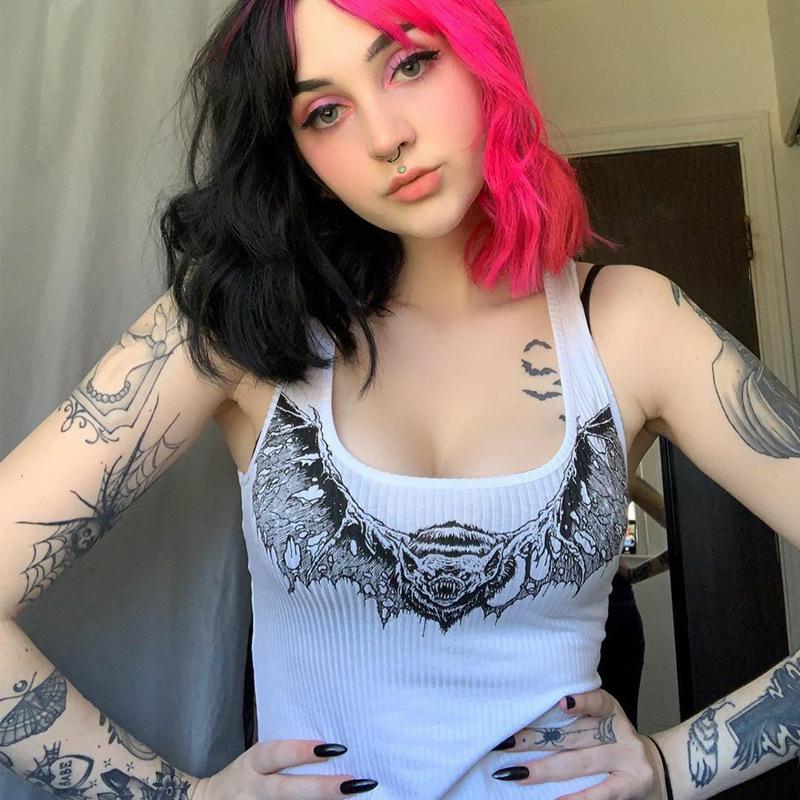 Women Sexy Gothic Punk Style Print White Tank Tops Slim-Veeddydropshipping
