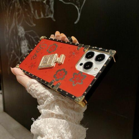 iPhone 14 13 12 11 XS XR 8 Case Rhinestone Flower 3D Perfume Bottle Square Cover-PA00168-Veeddydropshipping