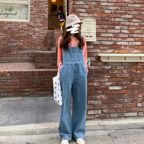 Large Loose Pockets Student Denim Suspender Pants-WF00367-Veeddydropshipping