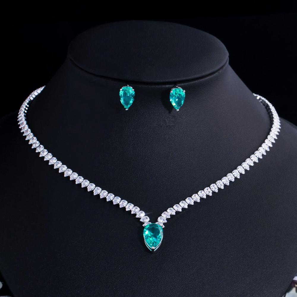 Zircons Elegant Big Light Green Water Drop CZ Crystal  Jewelry Sets -JW00324-Veeddydropshipping