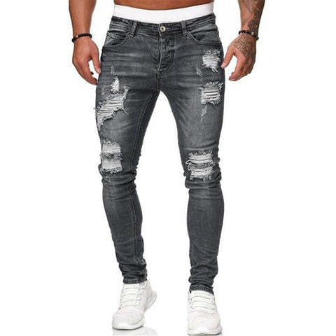 Jeans Blue Slim Fit Hole Pencil Pants Biker Casual Trousers-MF00446-Veeddydropshipping