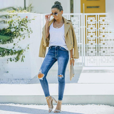 High-Waist Women&#39;s Jeans 2022 Autumn New Fashion Ripped Skinny-TB01257-Veeddydropshipping
