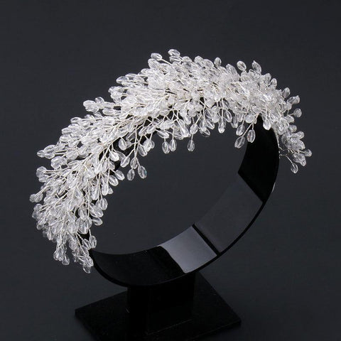 white crystal handmade beaded rhinestone bridal crown  -JW00465-Veeddydropshipping