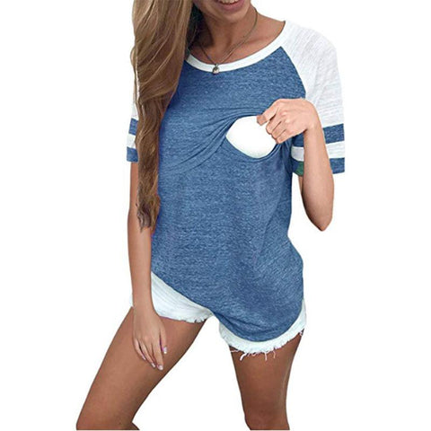 Maternity Breastfeeding Tee Nursing Tops Striped Colorblock Short Sleeve-TB00568-Veeddydropshipping