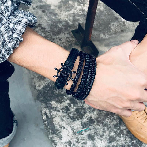 Set Braided Wrap Leather Bracelets Wood Beads Ethnic Tribal Wristbands -JW00254-Veeddydropshipping