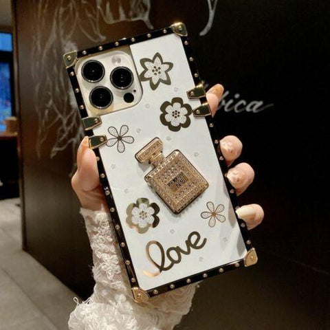 iPhone 14 13 12 11 XS XR 8 Case Rhinestone Flower 3D Perfume Bottle Square Cover-PA00168-Veeddydropshipping
