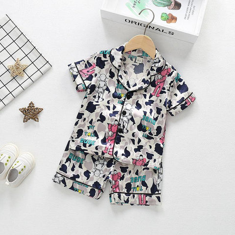 Summer Children Cartoon Short Sleeve+Shorts 2pc Satin Silk Pajamas Sets-TB01052-Veeddydropshipping
