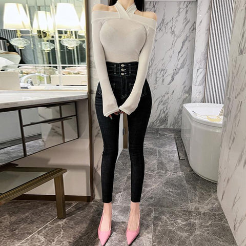 Vintage Skinny Jeans Women Button High Waisted Pants-WF00394-Veeddydropshipping